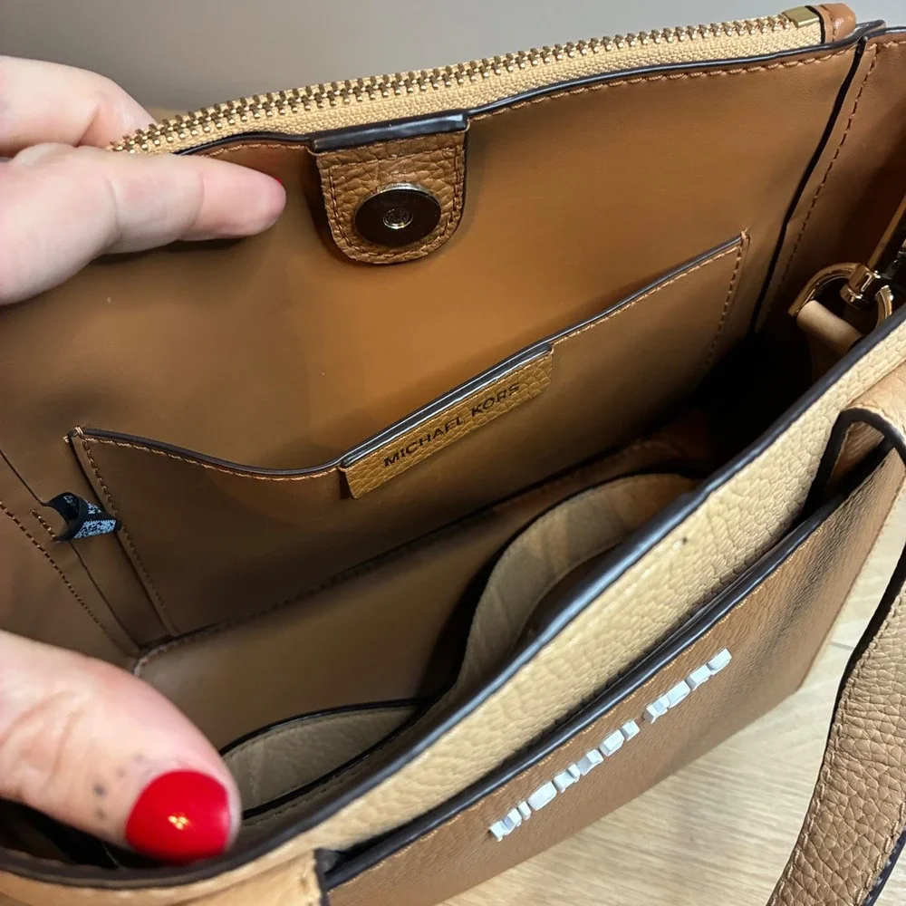Michael Kors Small Tri-Color Pebbled Leather Satchel Crossbody Bag Tan Brown